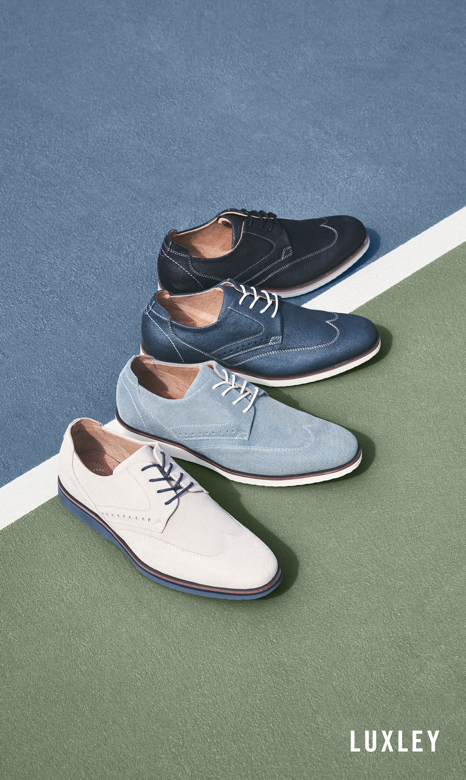 Father's Day Picks The image features the Luxley Wingtip Oxford collection in multiple colors.