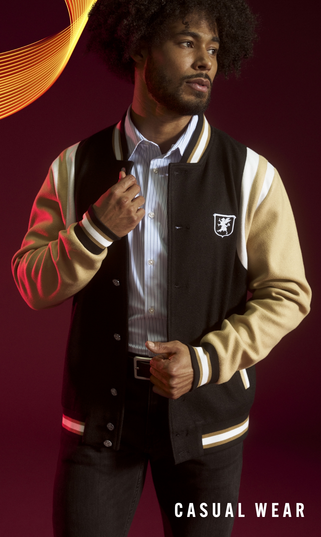 Men's Casual Wear category. Image features a Stacy Adams Varsity jacket.