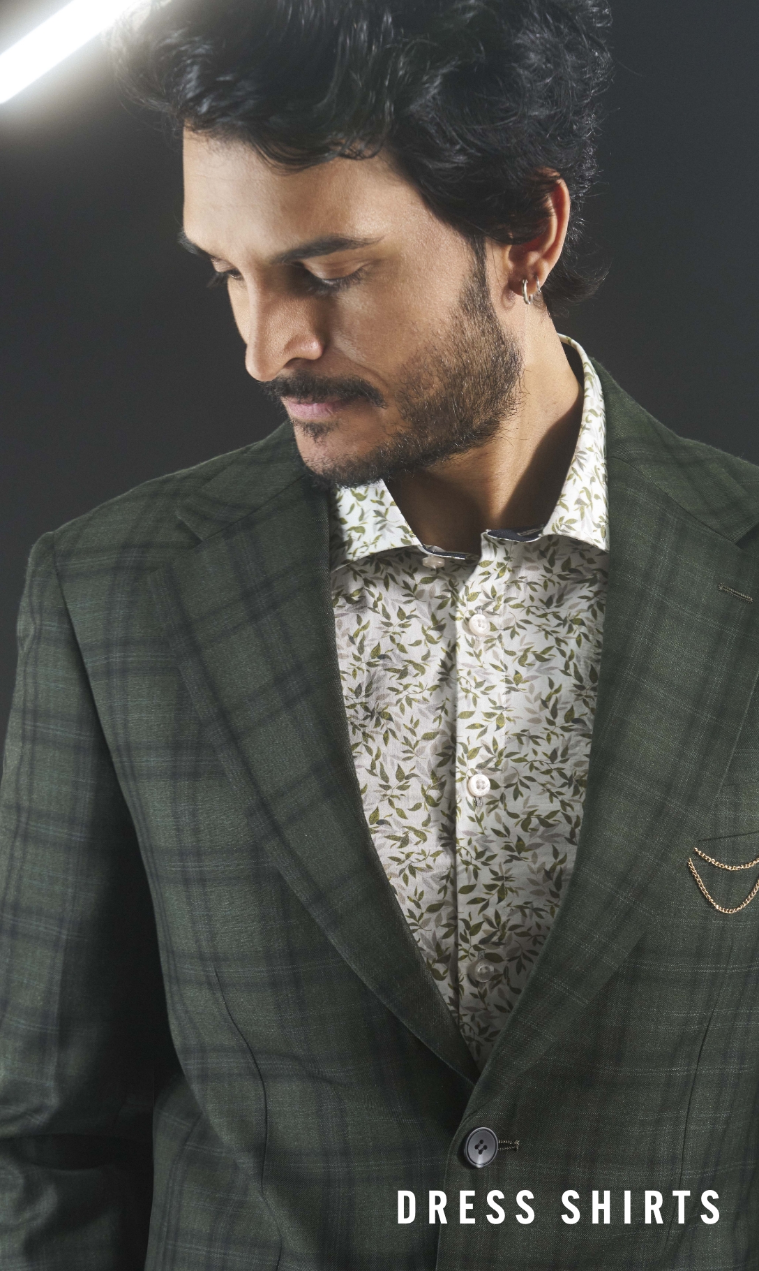 Dress Shirts category. Image features a green and white leaf print dress shirt. 