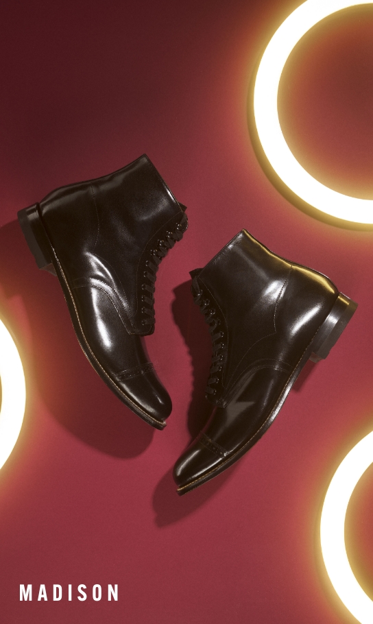 Men's Classic Shoes category. Image features the Madison boot in black. 