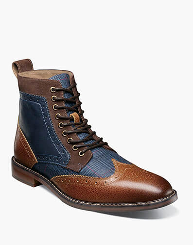 Finnegan Wingtip Lace Up Boot in Cognac with Navy for $$145.00