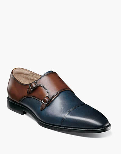 Raythorne Cap Toe Double Monk Strap in Navy/Brown for $$120.00
